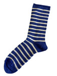 These lightweight alpaca and bamboo socks have a blue and white stripe design. Seen from the side.