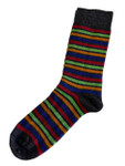 These lightweight alpaca and bamboo socks are a charcoal and multicolored stripe design. Side view.