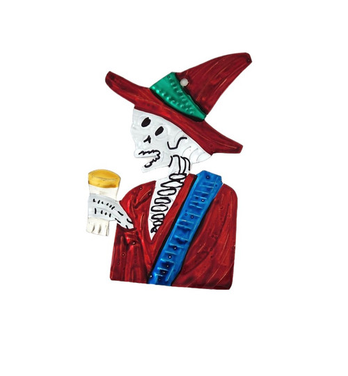 Handmade Tin Day Of The Dead Ornament skeleton with red hat Handmade Tin Day Of The Dead Ornament skeleton with red hat