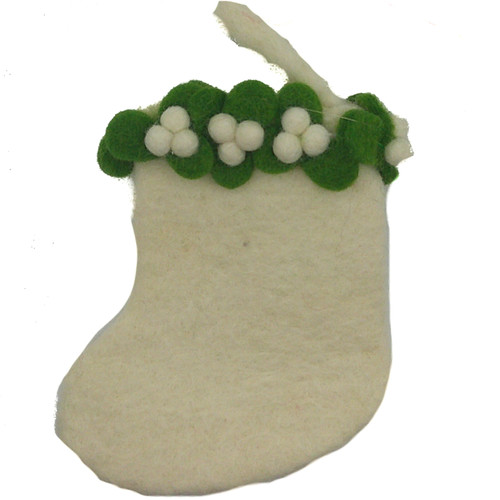 Felted Wool Ornament Mini White Mistletoe Christmas Stocking