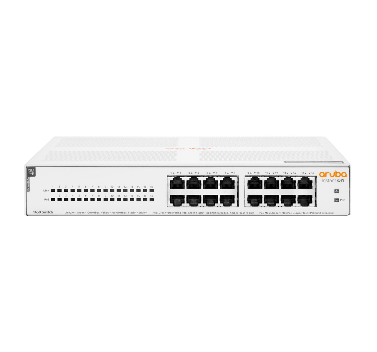 R8R48A#ABA , HPE Aruba Networking Aruba Instant On 1430 16G Class4 PoE 124W Unmanaged L2 Gigabit Ethernet (10/100/1000) Power over Ethernet (PoE) 1U White