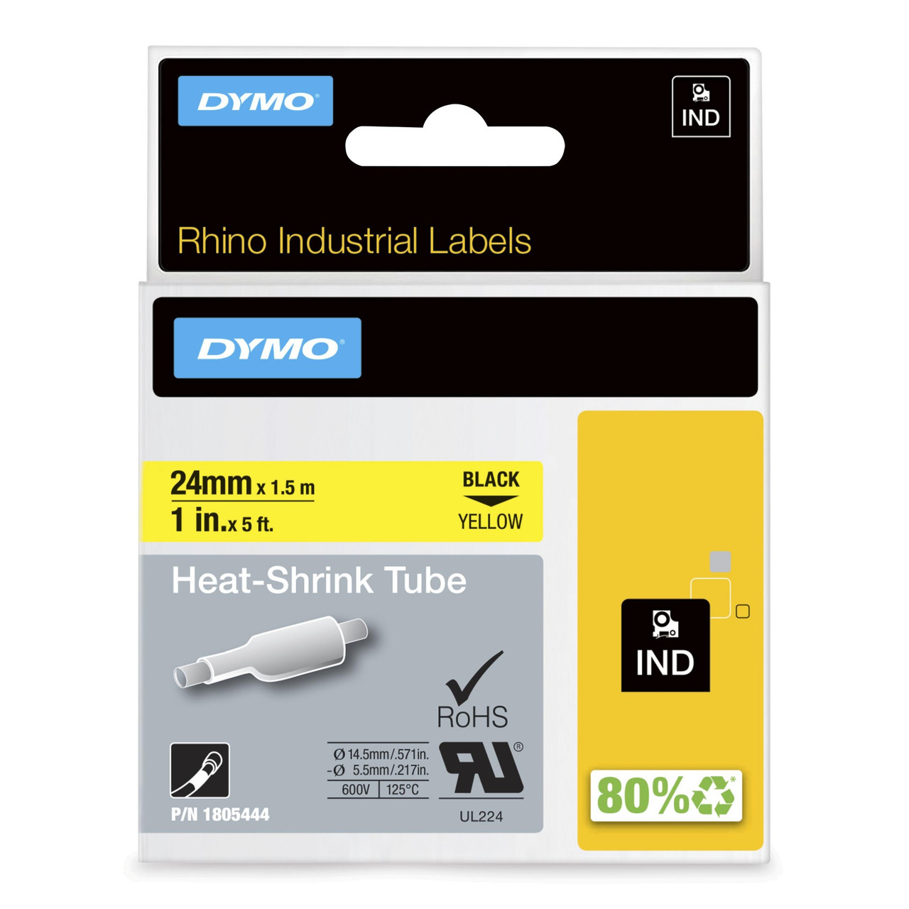 1805444 , DYMO  Rhino Industrial Heat-Shrink Labels, 1" Tube, Black Print on Yellow - 1805444
