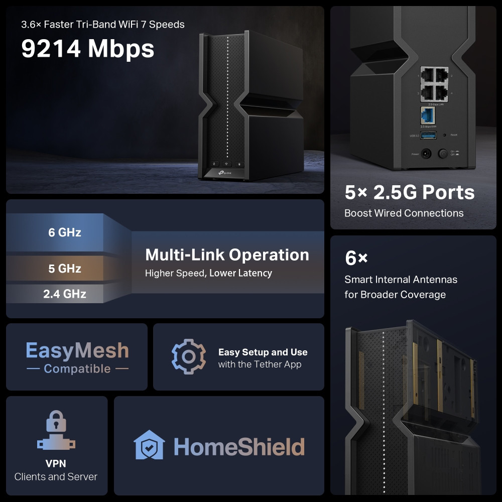 TP-Link Archer BE9300 wireless router 2.5 Gigabit Ethernet Tri-band (2.4 GHz / 5 GHz / 6 GHz) Black - ARCHER BE550