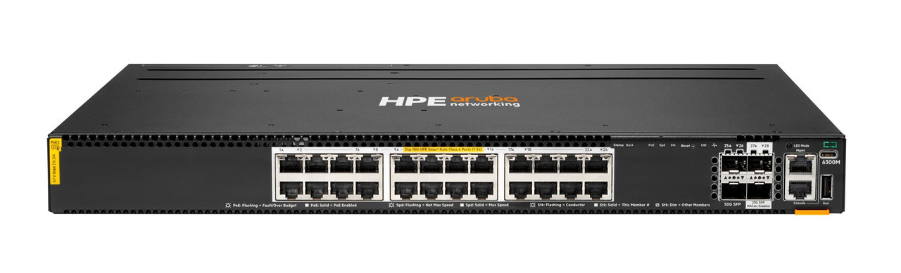 HPE Aruba Networking CX 6300M 24p Smart Rate 1G/2.5G/5G Class6 PoE 4p SFP56 50G TAA Switch - S0G05A