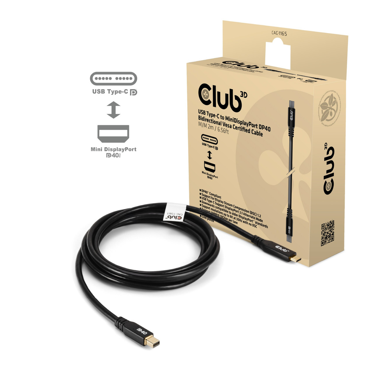 CLUB3D CAC-1561 DisplayPort cable 78.7" (2 m) Mini DisplayPort USB Type-C Black