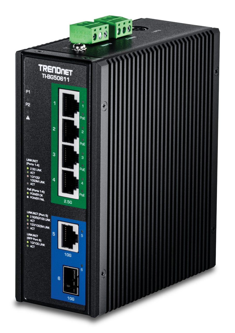 Trendnet 6-Port Industrial 2.5G PoE++ Unmanaged 2.5G Ethernet (100/1000/2500) Power over Ethernet (PoE) Black - TI-BG50611