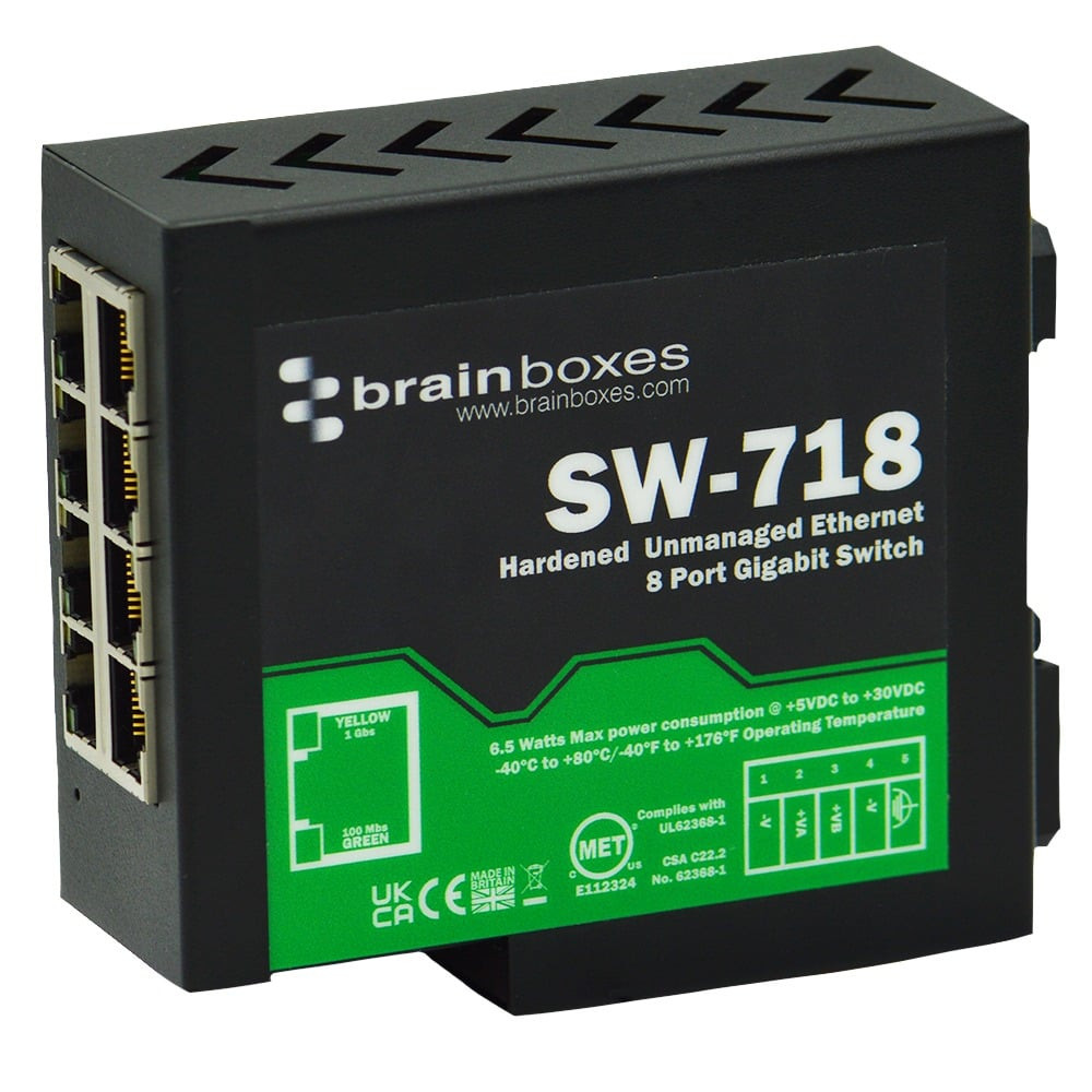 Brainboxes SW-718 network switch Unmanaged Gigabit Ethernet (10/100/1000) Black
