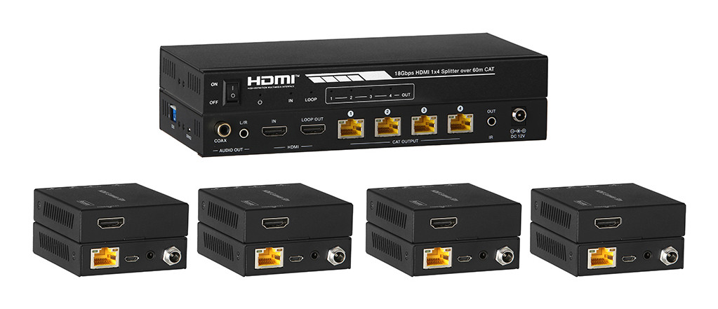 KanexPro SP-HDPOC1X4 AV extender AV transmitter & receiver Black , SP-HDPOC1X4