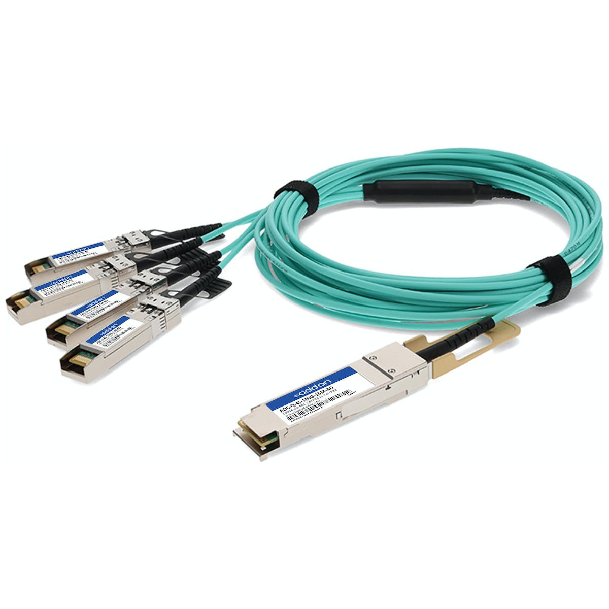 AddOn Networks AOC-Q-4S-100G-15M-AO InfiniBand/fibre optic cable 590.6" (15 m) QSFP28 4xSFP28 Aqua color, Silver , AOC-Q-4S-100G-15M-AO