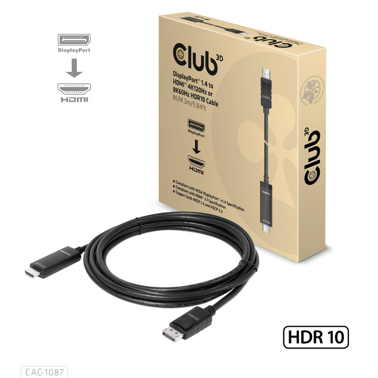 CAC-1087 , CLUB3D CAC-1087 Video Cable Adapter 118.1" (3 m) DisplayPort HDMI Black