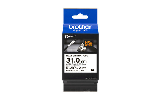 HSE261E , Brother HSe-261E Heat Shrink Tube Tape, Black on White, 31 mm × 1.5 m, 3:1 Shrink Ratio - HSE261E