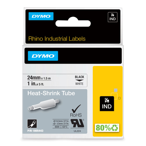 1805443 , DYMO  Rhino Industrial Heat-Shrink Labels, 1" Tube, Black Print on White - 1805443