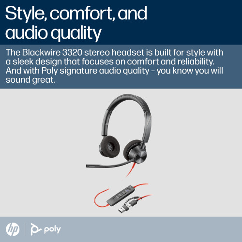 HP Poly Blackwire 3320 Stereo Microsoft Teams Certified USB-C Headset +USB-C/A Adapter - 8X220AA