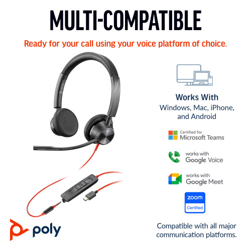 HP Poly Blackwire 3325 Stereo Microsoft Teams Certified USB-C Headset +3.5mm Plug +USB-C/A Adapter - 8X222AA