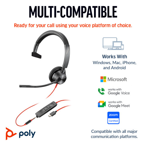 HP Poly Blackwire 3315 Monaural Microsoft Teams Certified USB-C Headset +3.5mm Plug +USB-C/A Adapter - 8X218AA
