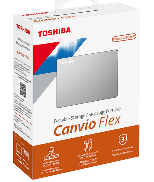 HDTX120XSCAA , Toshiba Canvio Flex external hard drive 2 TB 2.5" USB Type-A / USB Type-C 2.0/3.2 Gen 1 (3.1 Gen 1) Silver