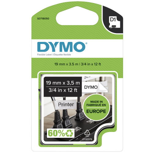 DYMO  D1 High-Performance Flexible Nylon Labels | Authentic | 19 mm x 3.5 m Roll | Black Print on White - S0718040 , S0718040