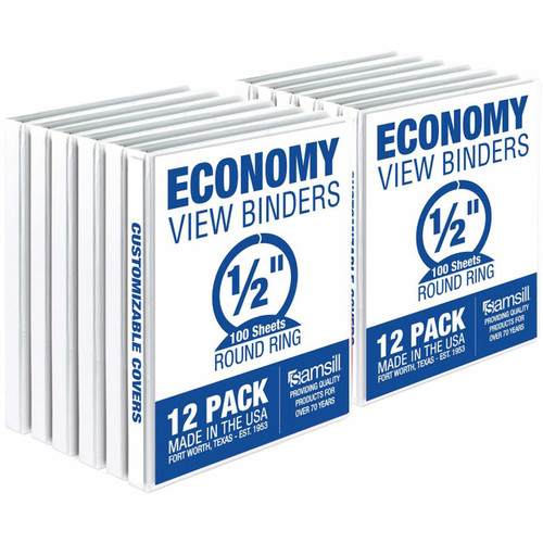 I08517C |Samsill 3 Ring View Binders, .5 Inch Round Ring, Customizable Clear View Cover, White, 12 Pack - I08517C