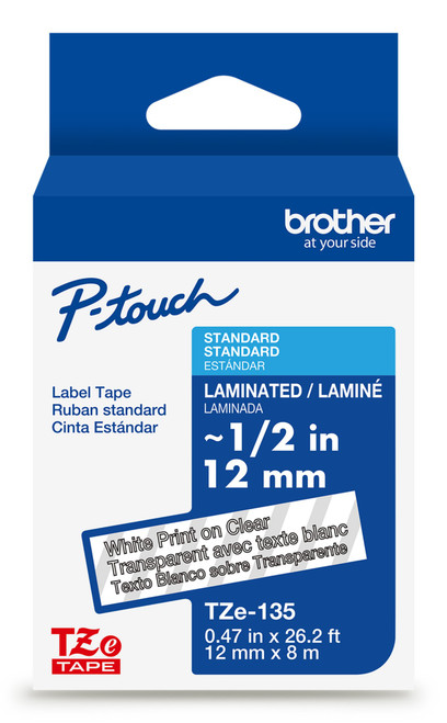 TZE135G |Brother 1/2" TZE TAPE 12MM WHITE ON CLEAR - TZE135G