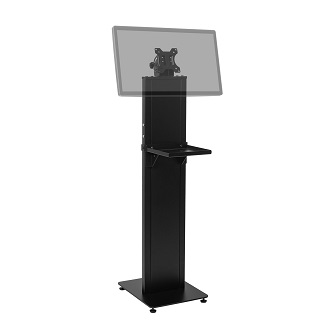 KS10-B |HAT DESIGN WORKS , KIOSK W/VESA & ADJUSTABLE SHELF, BLACK. INTERNAL CABLE MANAGEMENT WITH BACK AND FLOOR EXITS. LOCKING STORAGE FOR POWER BRICK OR POWER STRIP. SUPPORTS 17.5 LBS UP TO 27 INCH DISPLAY - KS10-B