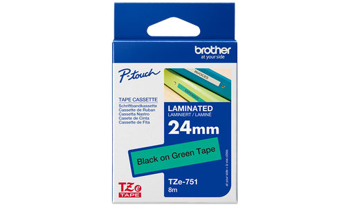 TZE751G |Brother TZe-751 Black on Green Laminated Label Tape, 1" (24mm) - TZE751G