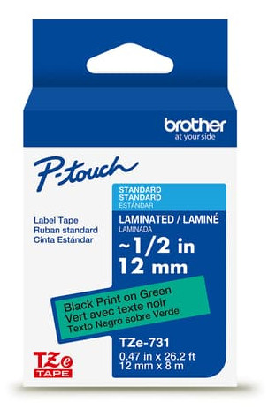 TZE731G |Brother TZe-731 Black on Green Laminated Tape, 1/2" (12mm) - TZE731G