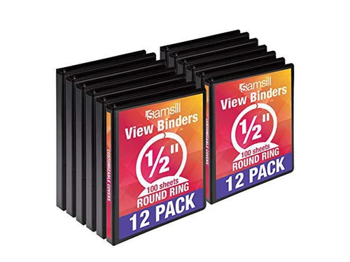 I08510C |Samsill 3 Ring View Binders, 1 Inch Round Ring, Customizable Clear View Cover, Black, Bulk Binders - 12 Pack - I08510C