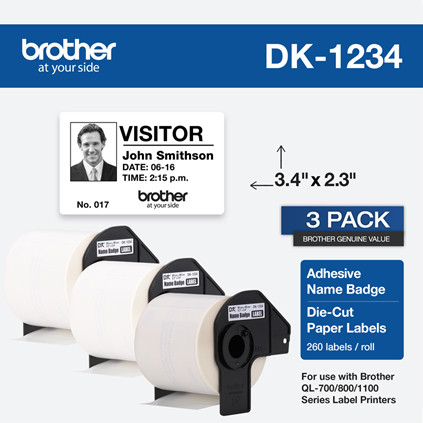 DK12343PK , Brother DK-1234 Die-Cut Name Badge Paper Labels, 2.3 x 3.4 in, 260/Roll, 3 Rolls/Pack - DK12343PK