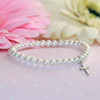 CJ-5035  Stretchy 5" Top Selling Glass Pearl Bracelet with Rhodium Cross
