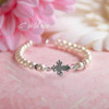 CJ-435-6    Glass Pearls, Crystals and Cross Bracelet 5" 