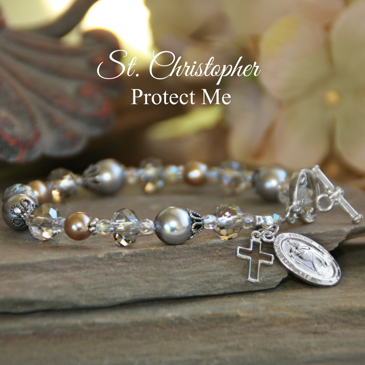 IN-381  St. Christopher Pearls and Crystals Bracelet