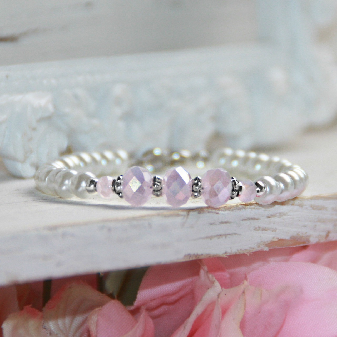 CJ-519  Opal Pink and Pearls Oh so Pretty 6" Bracelet