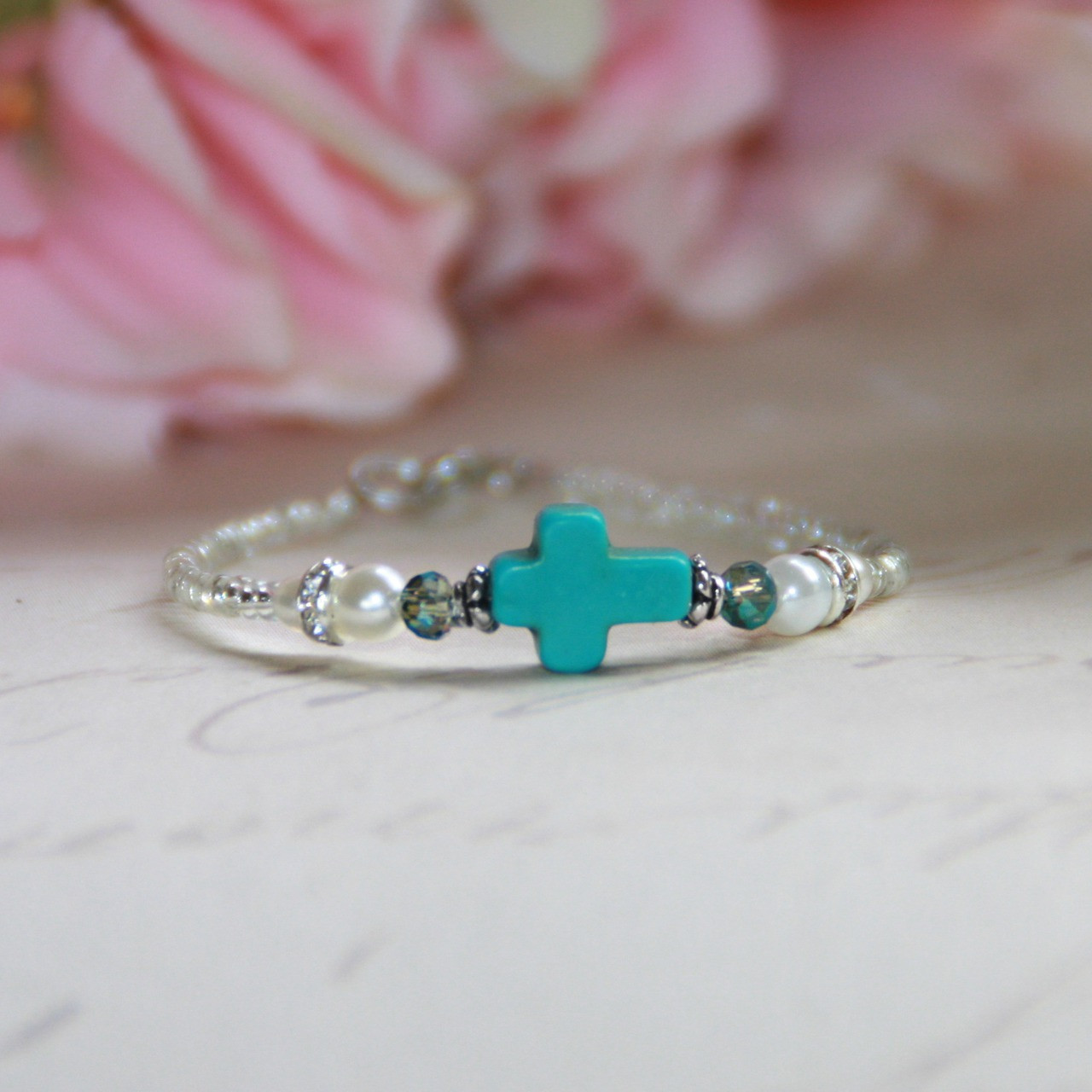 CJ-520  Love this Turquoise Cross Splash of color for Baby 5" Bracelet