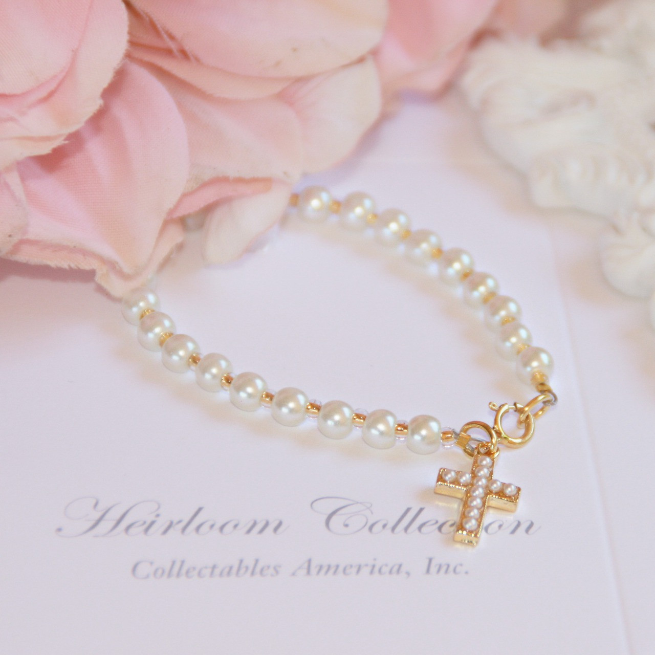 CJ-326  5" Glass Pearls and Seed Beads with Cross Gold-tone 5" 