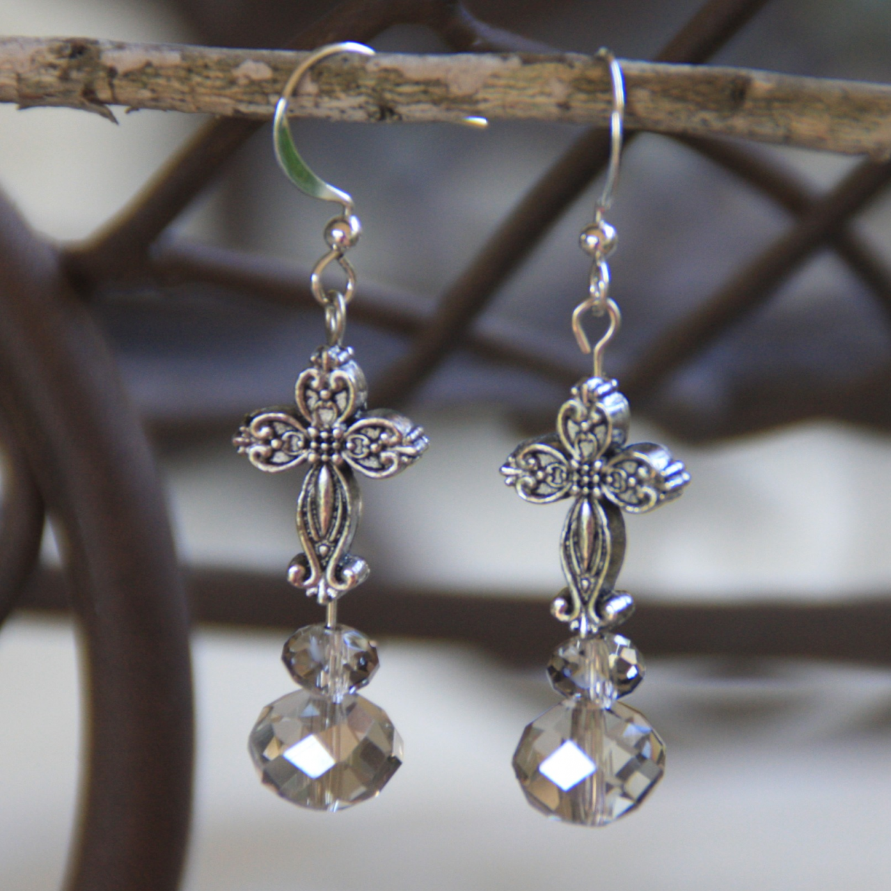 IN-705 Platinum Crystal Cross Earrings