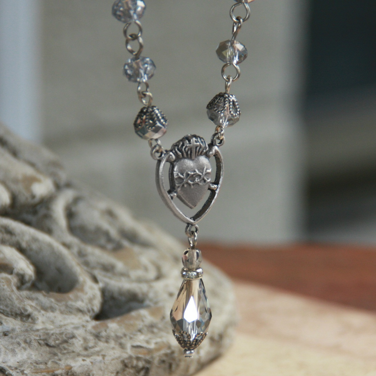 IN-638  Sacred Heart Rosary Style Beaded Platinum Necklace