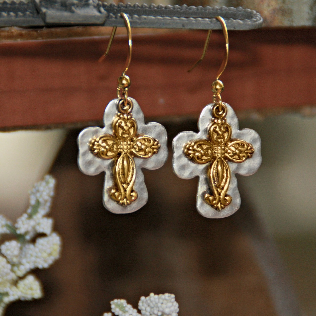 IN-70  Hammered Two-Tone Cross Dangel Earrings