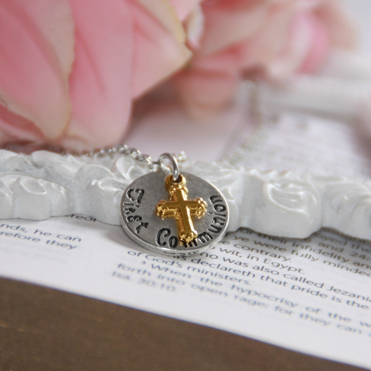CJ-544  First Communion Cross and Disk Charm Necklace, top selling!