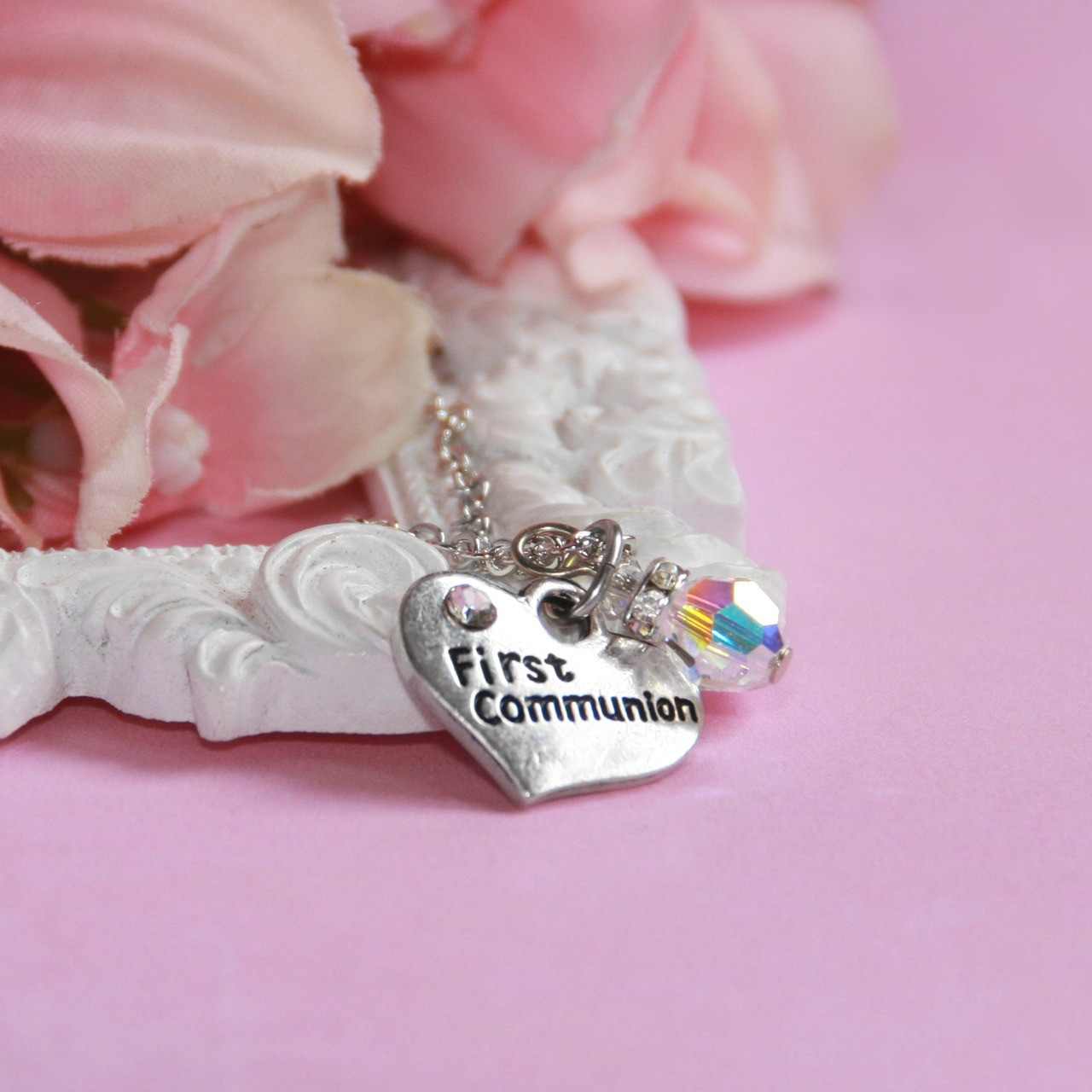 CJ-545  Heart First Communion Necklace with Crystal drop