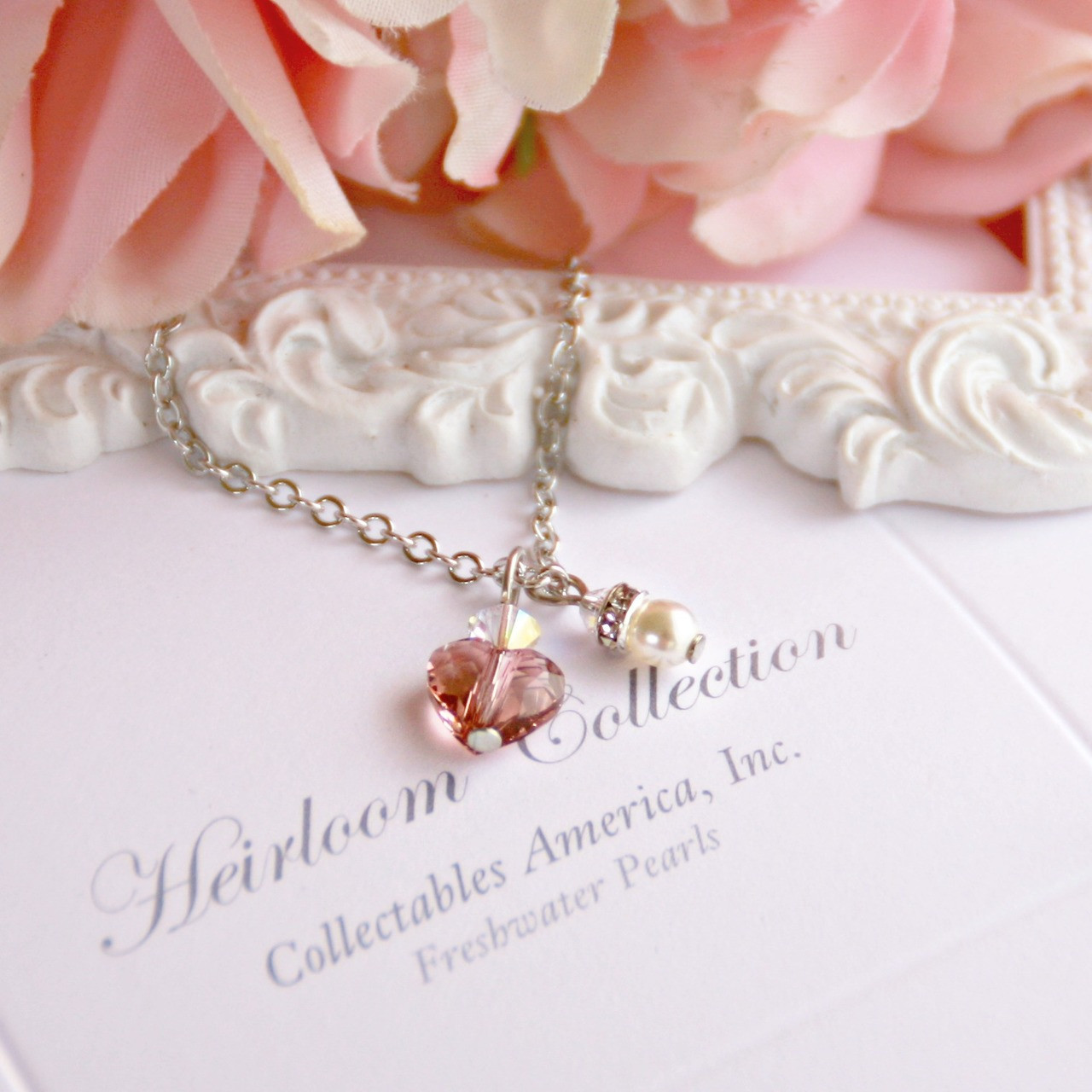 CJ-549  Sweet Pink Crystal Heart and Pearl drop Necklace