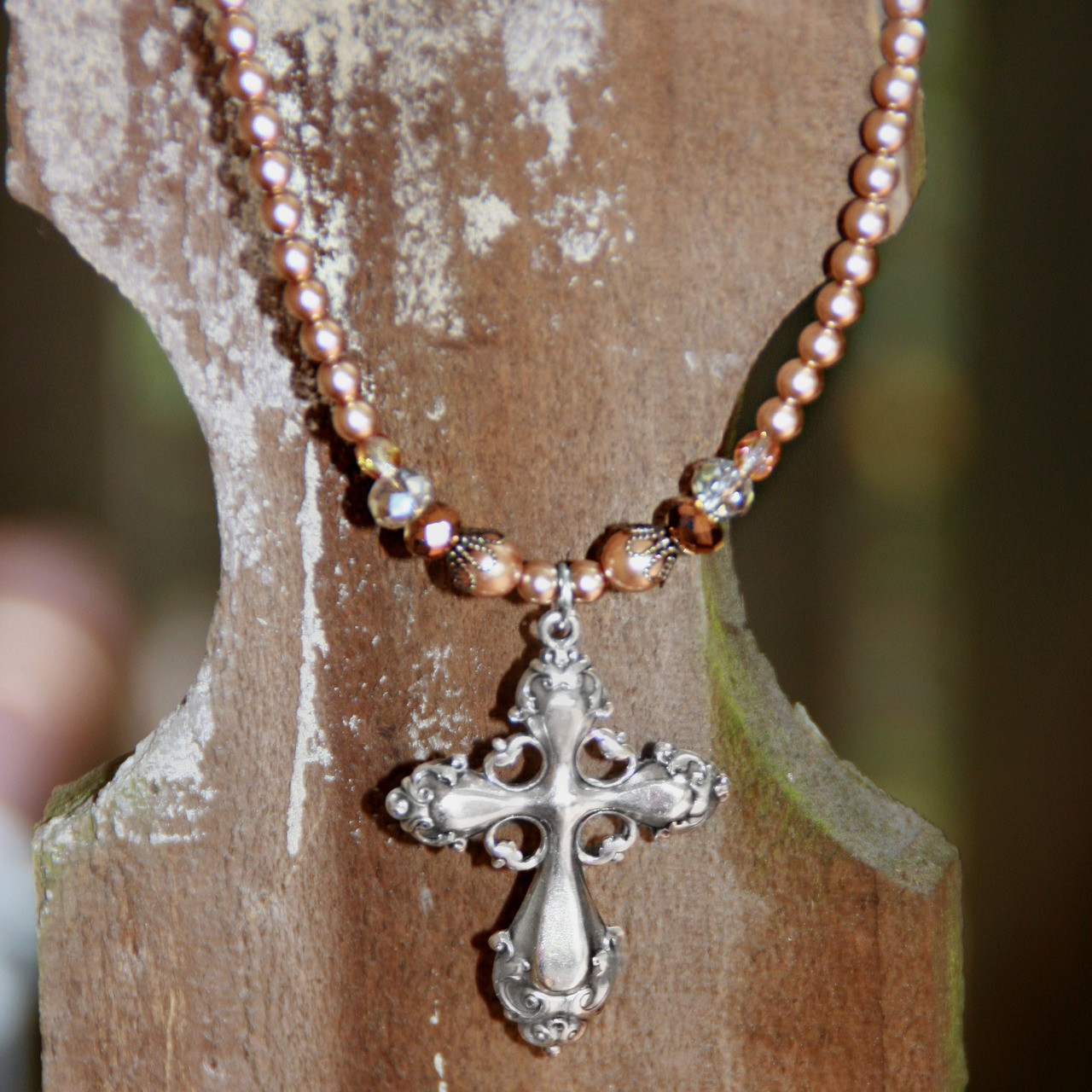 IS-235  Sophisticated Cross Necklace with Fine Glass Pearls
