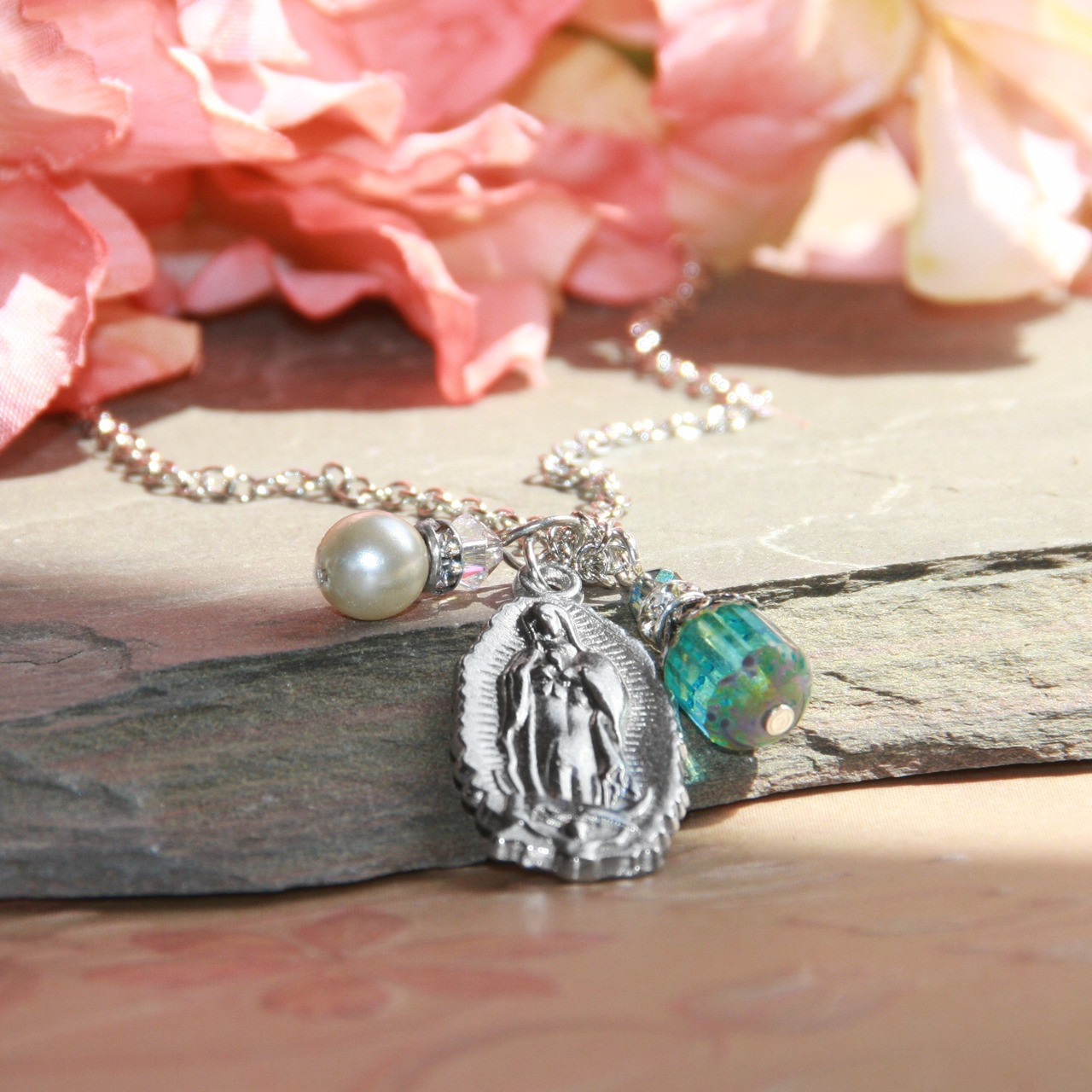 IN-597  Lady of Guadalupe Necklace with Teal Crystal and Pearl drops