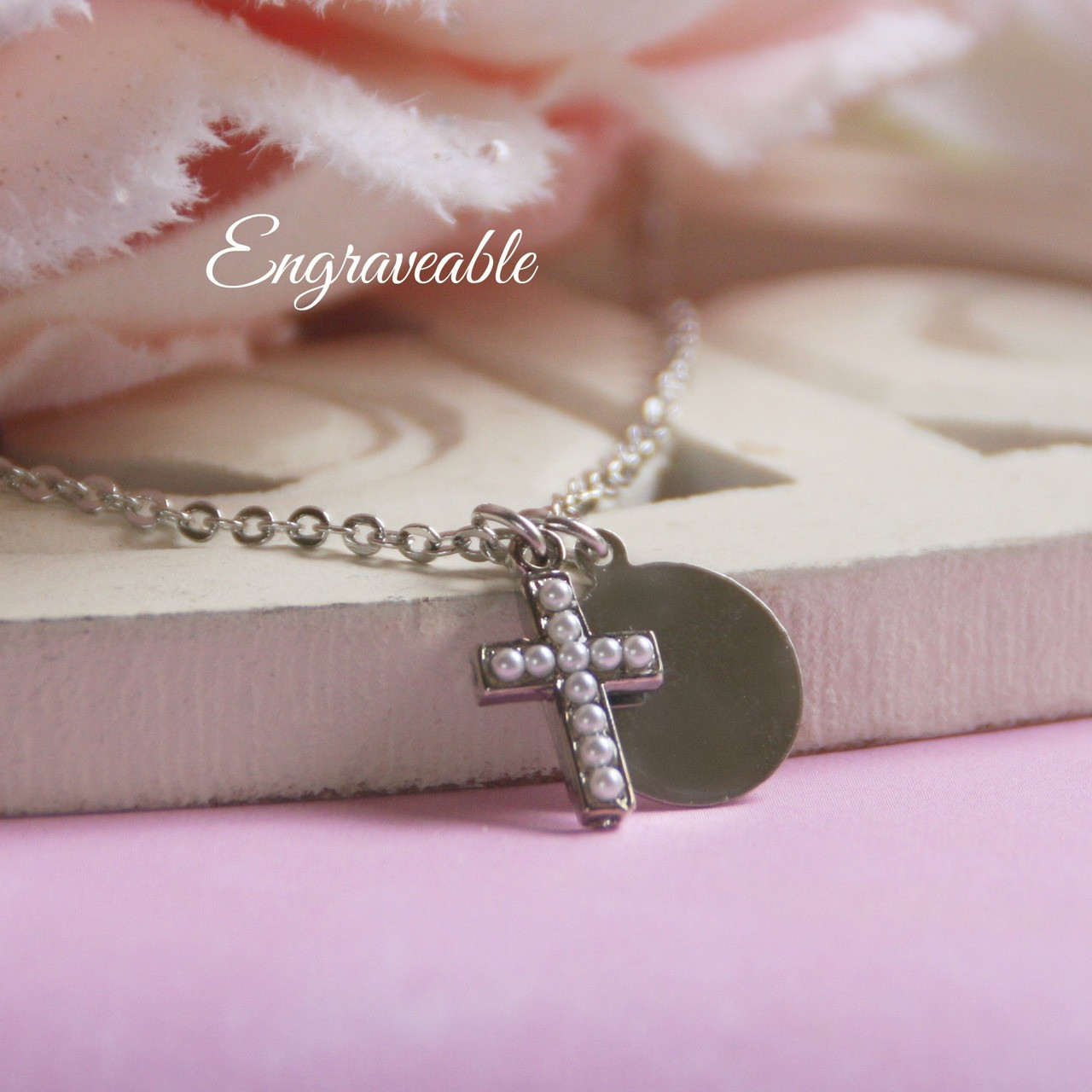 EG-3  Engraveable Stainless Disk and Seed Pearl Cross Necklace