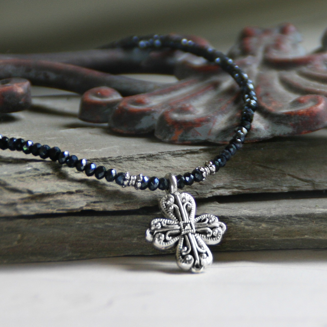 IS-33HEM  Hematite Crystal Beaded Cross Necklace