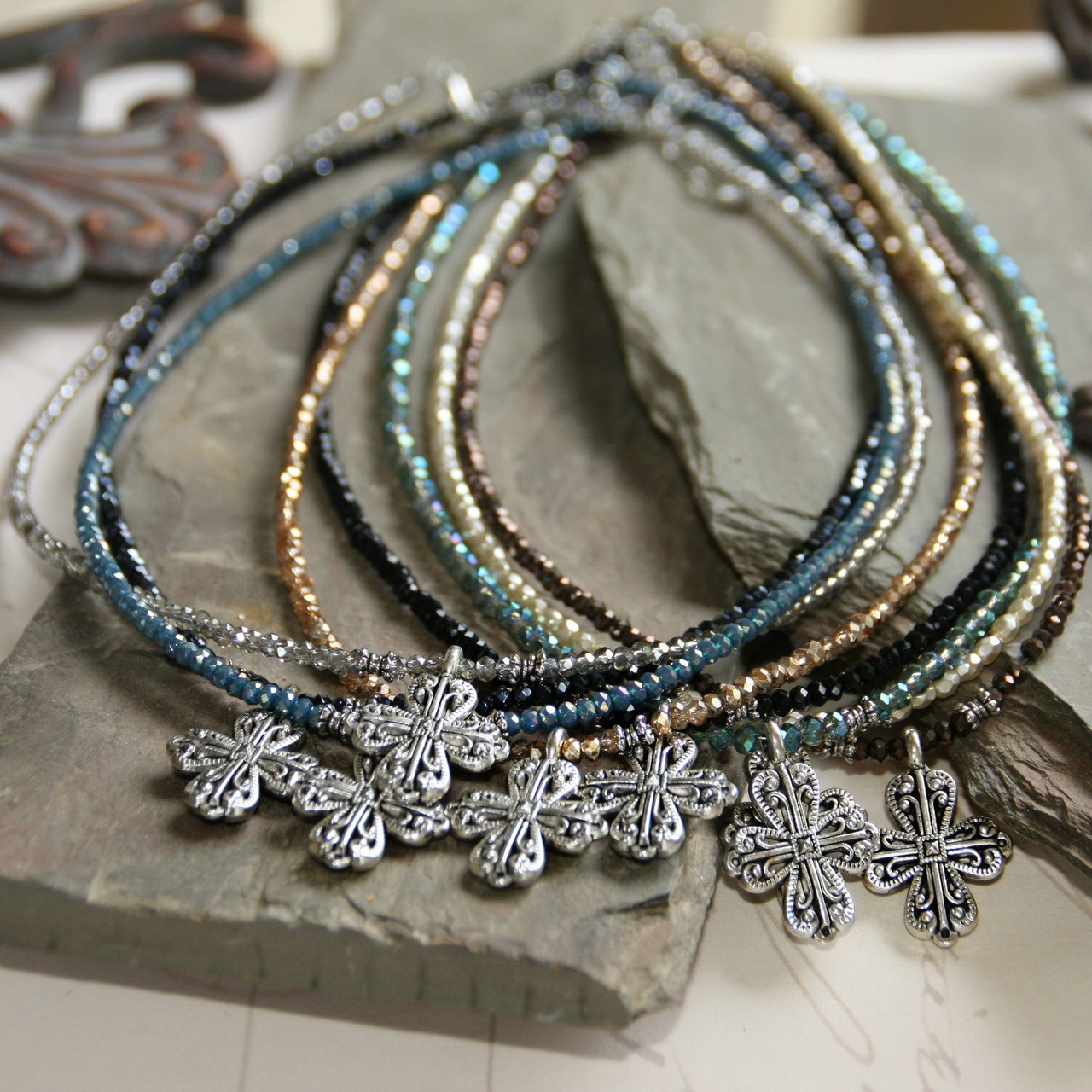 IS-33BRN  Elegant Brown Crystal Beaded Cross Necklace  