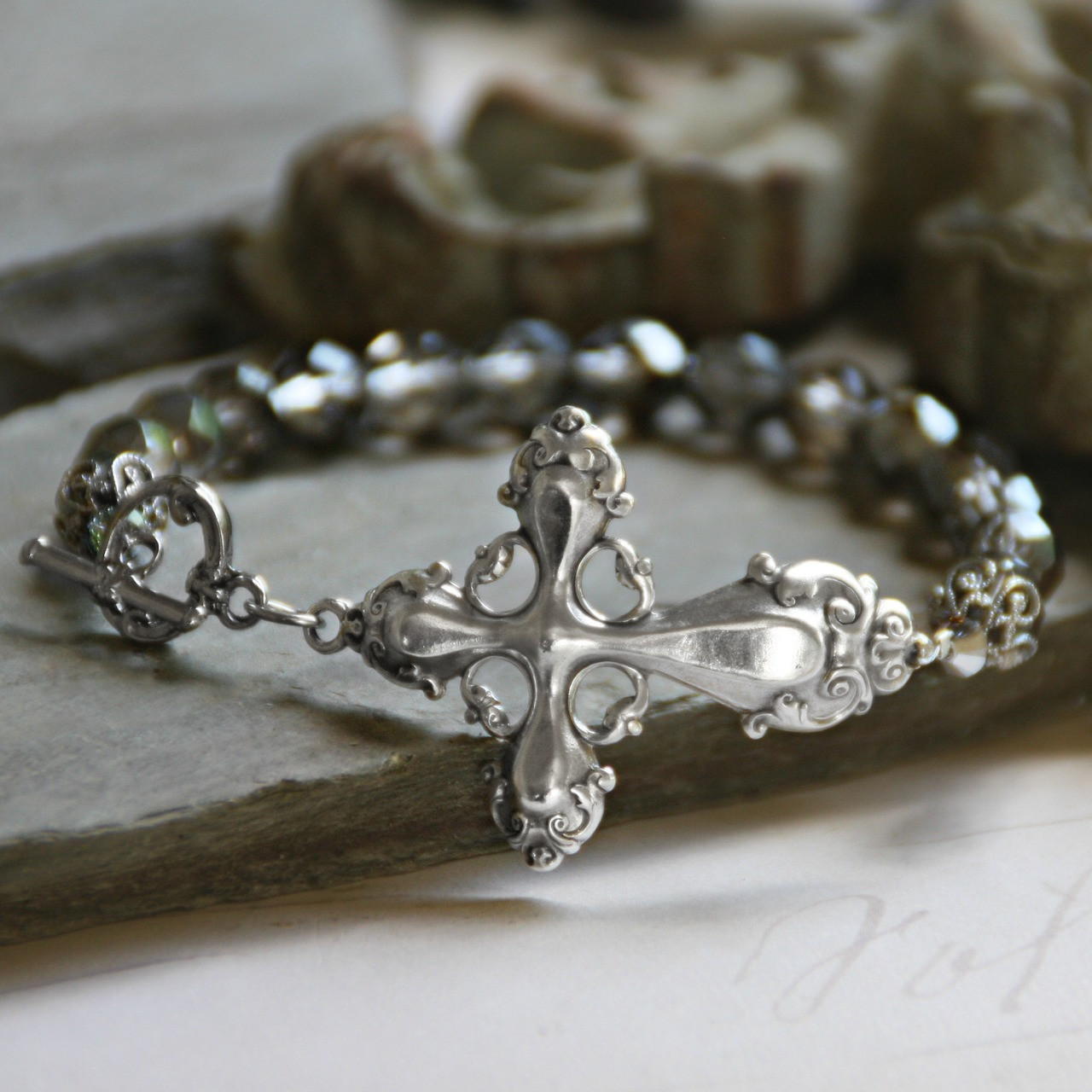 BR-12  Gorgeous Cross and Platinum Beaded Bracelet with Toggle