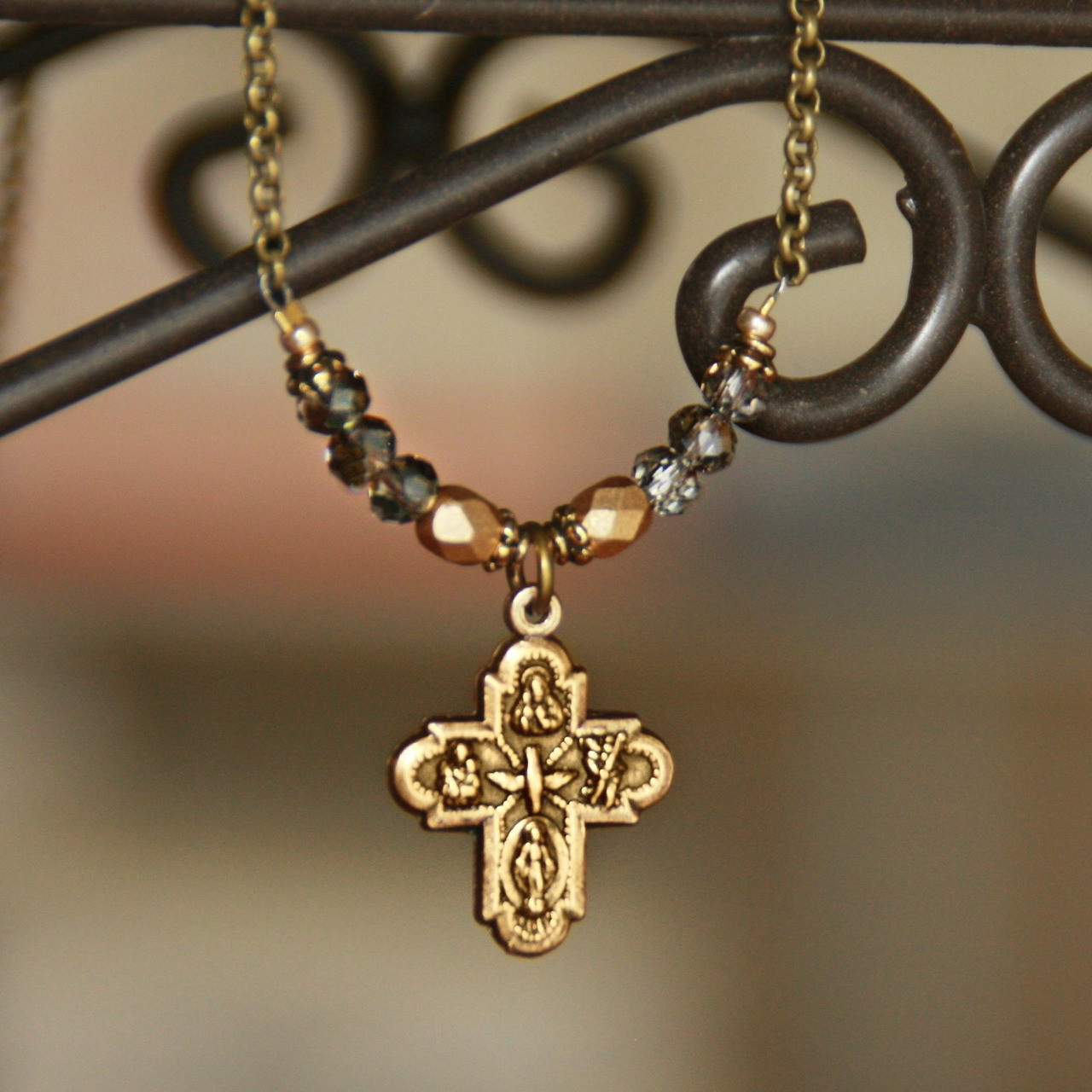 IN-563  Vintage Gold and Crystals Four Way Catholic Medal Necklace