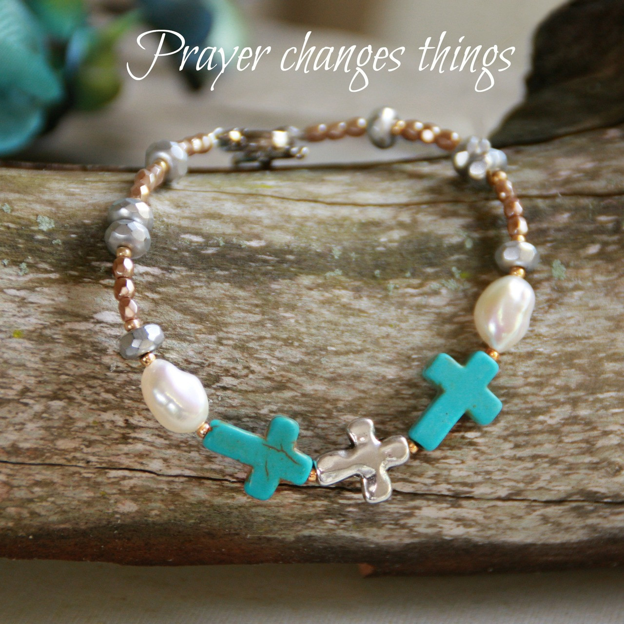 IN-390  Pray without ceasing Turquoise Cross Bracelet