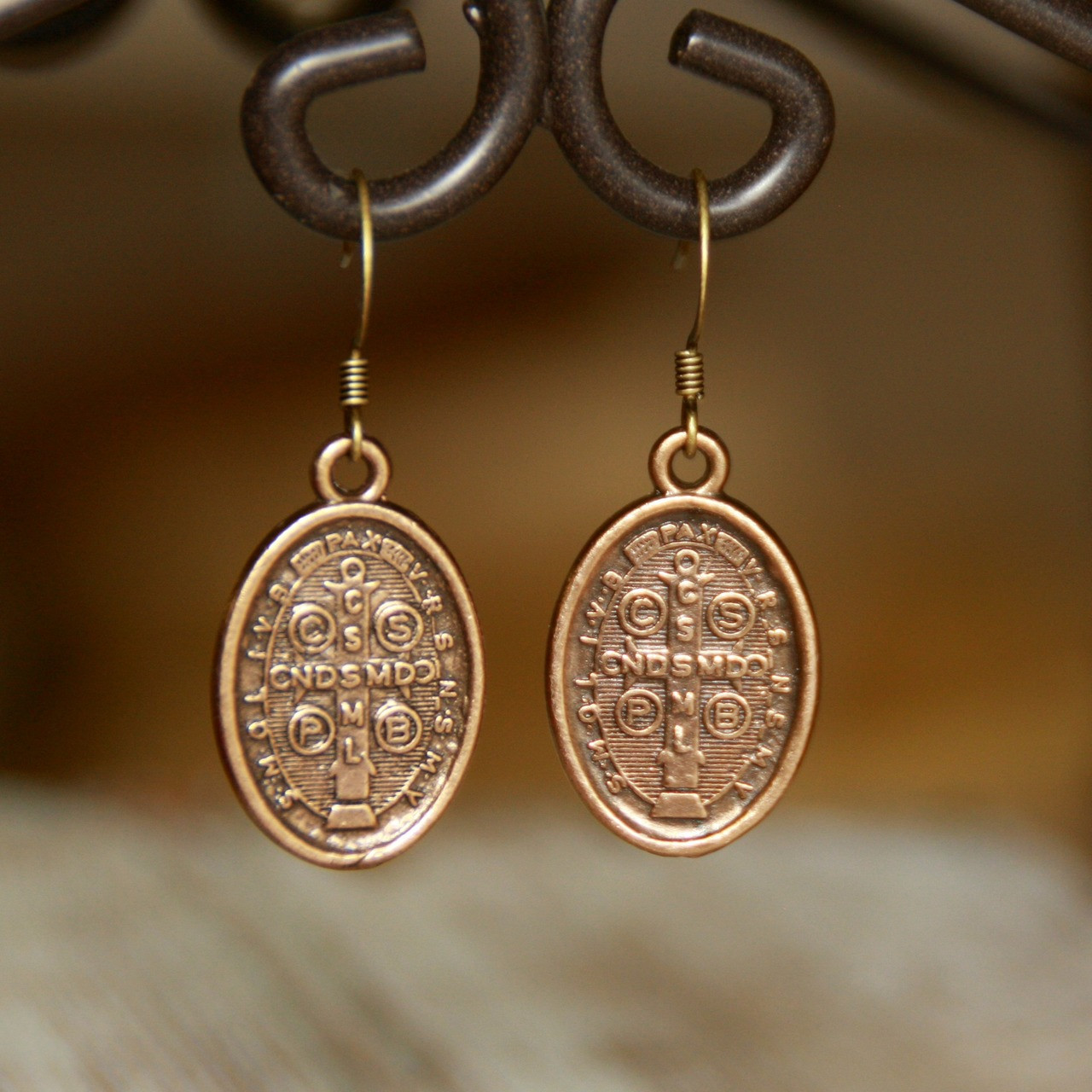 IN-84P  Vintage Gold Style Classic St. Benedict Earrings