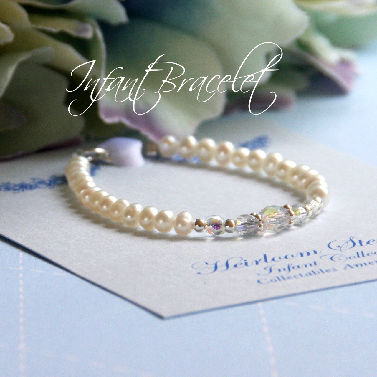 STG-43  Freswater Pearls, Crystals and Sterling Silver 41/2" Infant Bracelet